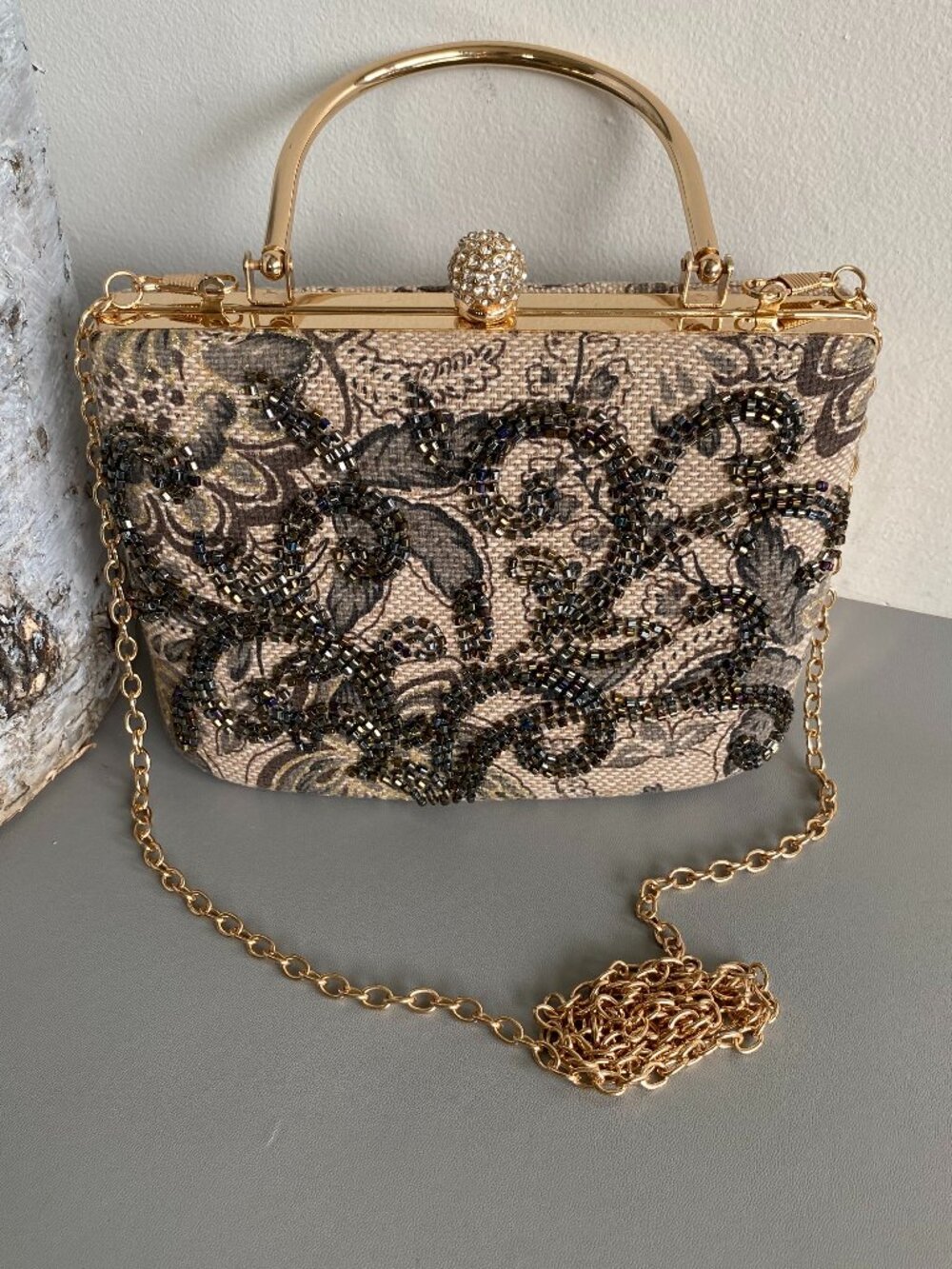 Beaded Floral Structured Evening Clutch Bag Gold Hardware Rhinestone Purse
